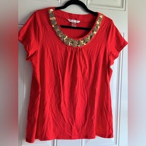 NWOT Peter Nygard Beautiful Red Top With Gold Bead And Sequin Neck Detailing